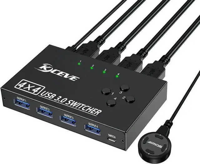 Main image of USB 3.0 Switch Selector 4 Port, 4 in 4 Out USB KVM Switcher 4 Computers Sharing 4 USB Devices, USB Peripheral Switcher for Keyboard Mouse Printer Scanner,with Wired Remote Button and 4 USB 3.0 Cable