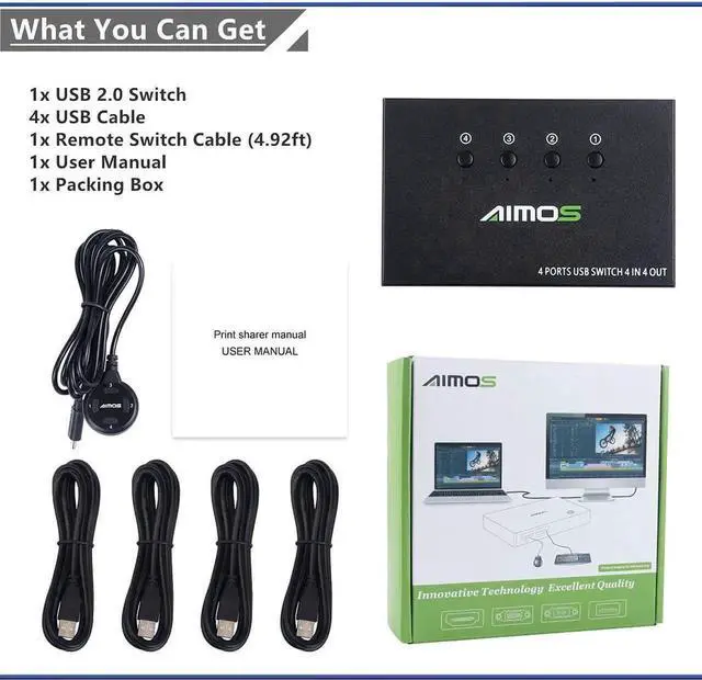 Main image of USB Switch Selector 4 Port, USB KVM Switcher 4 Computers Sharing 4 USB Devices One-Button Swapping, for Share Mouse, Keyboard, Printer, Scanner, with 4 USB Cables