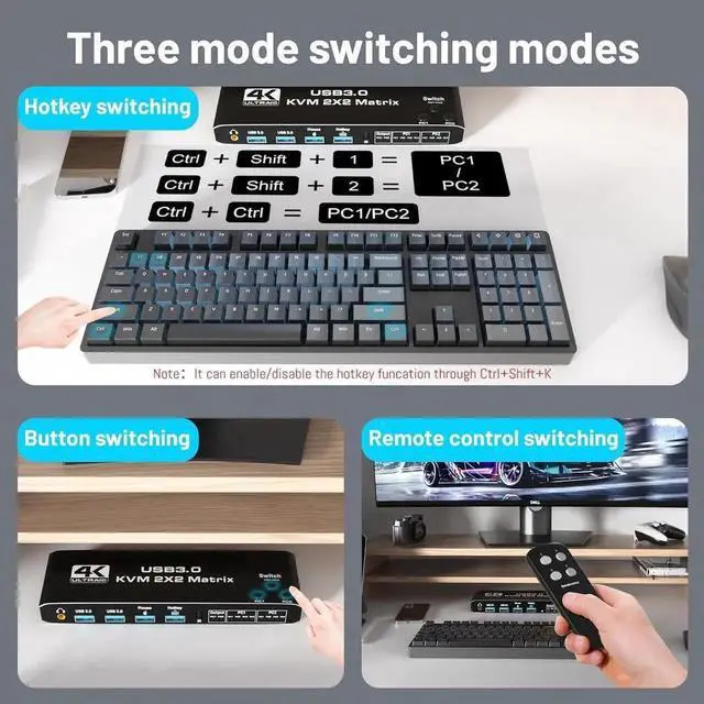 Alt view image 5 of 7 - Dual Monitor HDMI KVM Switch 2 Monitors 2 Computers, HDMI Matrix 4 in 2 Out 4K 60Hz, HDMI KVM Matrix Switch, 4 Port HDMI Switcher Splitter Support USB 3.0,HDCP2.3, Hotkey, Extended with Remote Control
