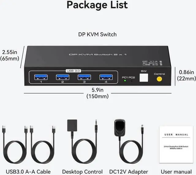 Main image of 2 Ports Displayport KVM Switch 2 Computers 1 Monitor, USB 3.0 DP1.4 KVM Switcher 2 in 1 Out for 2 computers share 4 USB 3.0 Devices Support 8k@60hz 4k@120hz, with desktop controller and power adapter
