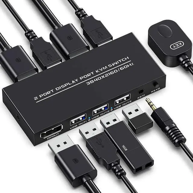 Main image of KVM Switch DisplayPort - 2 Port Displayport KVM Switch, Two Computers One Monitor Switch to Share Mouse,Keyboard,Printer,USB and Ultra HD Monitor, Support 4K@60Hz, 2 DP Cable and 2 USB Cable Included