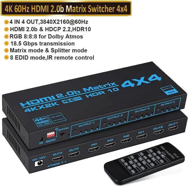Main image of HDMI Matrix Switch 4x4, 4K HDMI Matrix Switcher Splitter 4 in 4 Out Box with EDID Extractor and IR Remote Control Support 4K HDR, HDMI 2.0b, HDCP 2.2, 4K@60Hz, 3D, YUV 4:4:4
