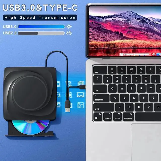 Alt view image 3 of 7 - External Blu ray CD/DVD Drive, External DVD/BD Player Read Portable Blu-ray Cd DVD Drive USB3.0 and Type-C Port, Suitable for Windows XP/7/8/10 for Mac-Book PC
