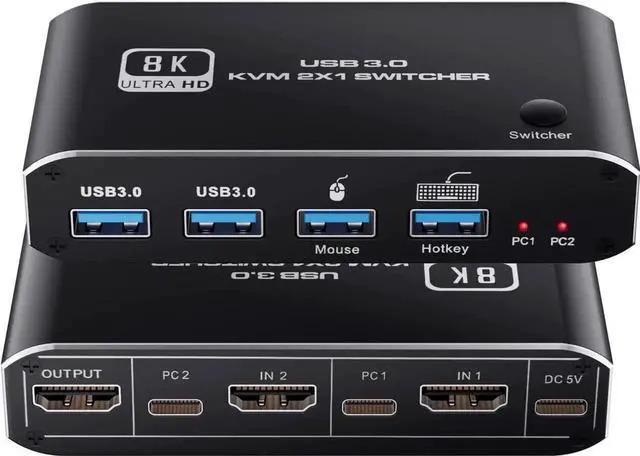 Main image of 8K @60Hz HDMI2.1 KVM Switch 2 in 1 Out, 2 Port HDMI 2.1 USB KVM Switch for 2PC Shares 1 Set Mouse, Keyboard and Monitor, Support 8K @60Hz, 4K @120Hz, Hotkey, 4x USB 3.0 Port, HDMI2.1 in/Out Port