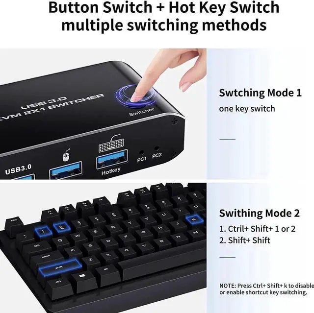 Alt view image 6 of 6 - 8K @60Hz HDMI2.1 KVM Switch 2 in 1 Out, 2 Port HDMI 2.1 USB KVM Switch for 2PC Shares 1 Set Mouse, Keyboard and Monitor, Support 8K @60Hz, 4K @120Hz, Hotkey, 4x USB 3.0 Port, HDMI2.1 in/Out Port