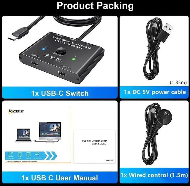 Alt view image 4 of 7 - USB C Switch 2 in 1 Out or 1 in 2 Out, Type-C Bi-directional Switcher Box for 2 Computers with C Port, Supports 4K @120Hz 8K @60Hz Video / 10Gbps Data Transfer, Notes: No Splitter Function