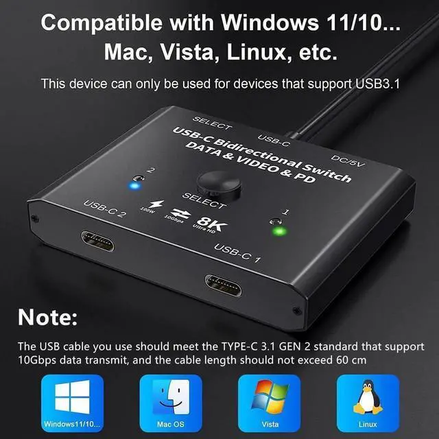 Alt view image 5 of 7 - USB C Switch 2 in 1 Out or 1 in 2 Out, Type-C Bi-directional Switcher Box for 2 Computers with C Port, Supports 4K @120Hz 8K @60Hz Video / 10Gbps Data Transfer, Notes: No Splitter Function