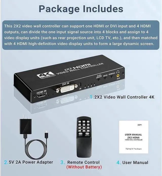 Main image of 2x2 HDMI Video Wall Controller, 4Kx2K HD Seamless Splicing Professional Processor with HDMI+DVI+RS232 Input, 4 Way HDMI & SPDIF Output 180 Degree Rotate TV Wall Display 2x2, 1x2,1x3,1x4,2x1,3x1,4x1