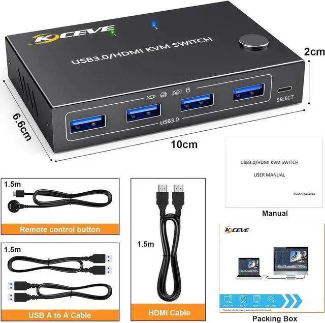 Main image of 2 Port HDMI KVM Switch 2 in 1 Out, USB 3.0 HDMI KVM Switch 4K@60Hz 2K@144Hz Simulation EDID for 2 Computers Share 1 Monitor and Keyboard Mouse Printer with Remote and KVM Cables