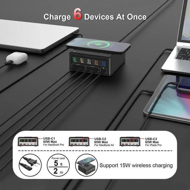 Alt view image 6 of 6 - 160W USB C GaN Charger,Ubigbuy 65W 5-Ports PD 3.0 USB C Fast Charging Station,Desktop Wireless USB C Power Adapter Hub with Display for MacBook Pro Air iPhone iPad