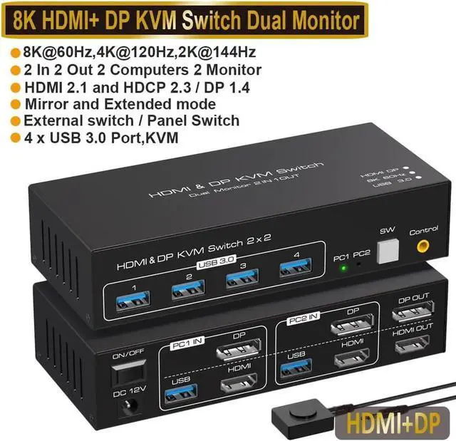 Main image of 2 Port Dual Monitor DisplayPort HDMI KVM Switch 8K @60Hz, 4K @120Hz, USB 3.0 DP+HDMI KVM Switcher 2 in 2 Out for 2 Computers 2 Monitors with 4 Ports USB 3.0 Support Copy and Extended Display