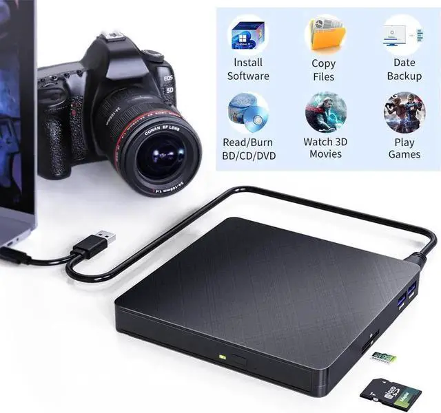 Alt view image 3 of 7 - External Bluray Drive, 5-in-1 USB 3.0 & Type-C 3D Blu-ray External CD DVD Burner Reader Writer Slim BD CD DVD Optical Bluray Drive forWindows XP/7/8/10, MacOS (with SD/TF Card Reader/2 USB3.0 Hubs)