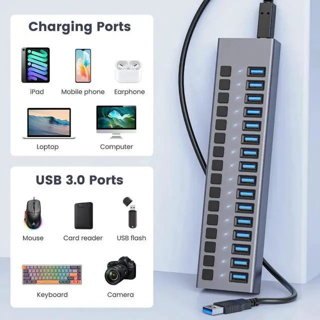 Alt view image 2 of 7 - Powered USB Hub - ACASIS 16 Ports 90W USB 3.0 Data Port, Individual On/Off Switches, 12V/7.5A Power Adapter, 5Gbps High Speed, USB 3.0 Hub for Laptop, PC, Computer, Mobile HDD, Flash Drive