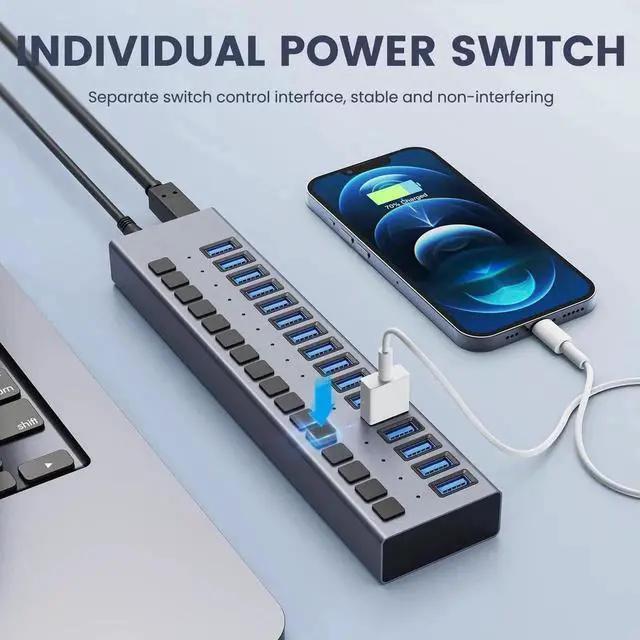 Alt view image 7 of 7 - Powered USB Hub - ACASIS 16 Ports 90W USB 3.0 Data Port, Individual On/Off Switches, 12V/7.5A Power Adapter, 5Gbps High Speed, USB 3.0 Hub for Laptop, PC, Computer, Mobile HDD, Flash Drive