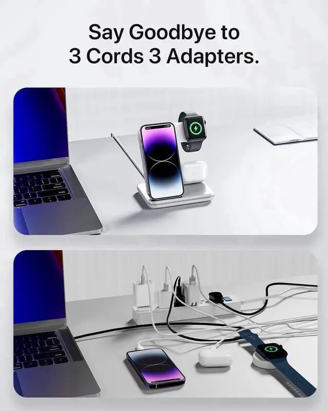 Alt view image 2 of 5 - Intoval Charging Station for Apple iPhone/iWatch/Airpods, 3 in 1 Wireless Charger for iPhone15/14/13(Pro, Pro Max) 12/11/XS/XR, iWatch9/8/Ultra/7/6/SE/5/4/3/2, Airpods Pro2/Pro1/3/2/1(Z5 White)