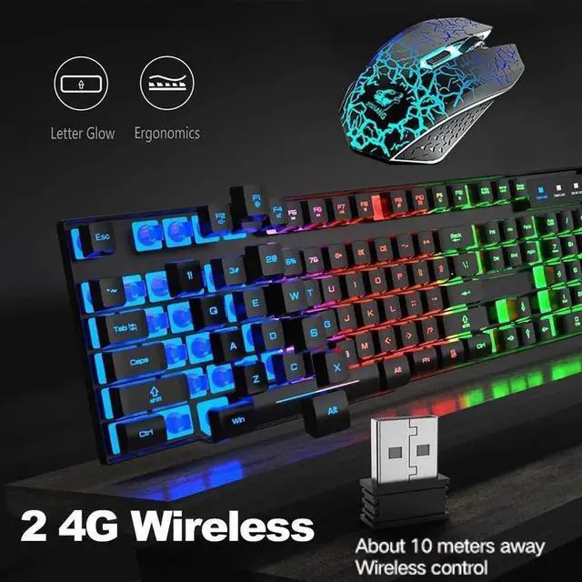 Alt view image 5 of 7 - Wireless Gaming Keyboard and Mouse,Rechargeable Rainbow Backlit Keyboard Mouse with 3800mAh Battery,Mechanical Feel Gaming Keyboard,7 Color Gaming Mute Mouse,Gaming Mouse Pad for PC Gamers