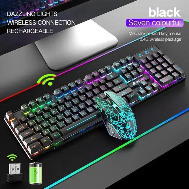 Alt view image 7 of 7 - Wireless Gaming Keyboard and Mouse,Rechargeable Rainbow Backlit Keyboard Mouse with 3800mAh Battery,Mechanical Feel Gaming Keyboard,7 Color Gaming Mute Mouse,Gaming Mouse Pad for PC Gamers