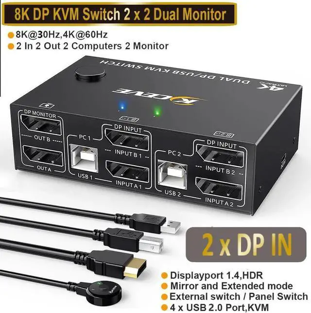 Main image of Dual Monitor Displayport KVM Switch DP1.4 8K @30Hz 4K@144Hz, DP Extended Display USB KVM Switch for 2 Computers Share 2 Monitors and 4 USB 2.0 Ports, Wired Remote and 4 USB Cables Included