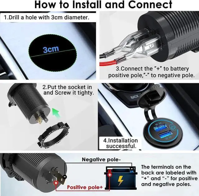 Alt view image 4 of 7 - [2 Pack] 12V USB Outlet, Quick Charge 3.0 Dual USB Power Outlet with Touch Switch, Waterproof 12V/24V Fast Charge USB Charger Socket DIY Kit for Car Boat Marine Bus Truck Golf Cart RV Motorcycle, etc.