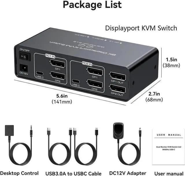 Alt view image 6 of 7 - 2 Port Dual Monitor DisplayPort KVM Switch 2 in 2 Out, 8K60Hz 4K120Hz Displayport KVM Switch for 2 Monitors 2 Computers Shared 4 USB Device Support DP1.4 With USB3.0 to USB C Cable - Aluminium