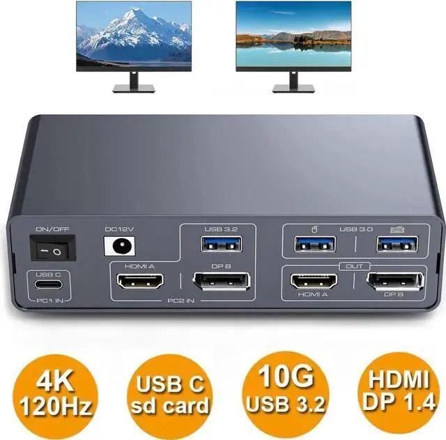 Alt view image 4 of 7 - KVM Switch 2 Monitors 2 Computers USB C Docking Station with 4K60Hz HDMI and 4K120Hz DP KVM Switch Dual Monitor 10Gbps USB C+USB A 3.2 5Gbps USB 3.0 and SD/MicroSD Card Slots for Laptop&Desktop