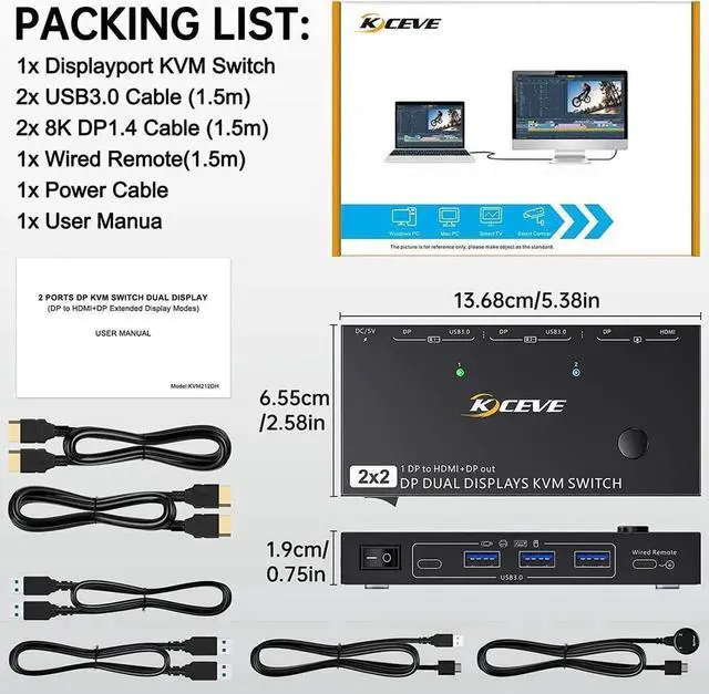 Main image of MST Displayport KVM Switch 2 Monitors 2 Computers 4K @144Hz, (1 DP in,DP+HDMI Out), Dual Monitor KVM Switch Displayport 1.4 with 4 USB 3.0 Port for USB Device, Wired Remote and 4 Cables Included