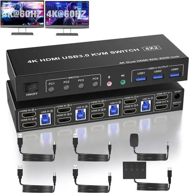 Main image of USB 3.0 HDMI KVM Switch 2 Monitors 4 Computers, Support EDID, 4K@60Hz Dual Monitor HDMI KVM Switch 4 in 2 Out, with Audio Microphone and 3 USB 3.0 Ports, PC Monitor Keyboard Mouse Switcher for 4 PCs