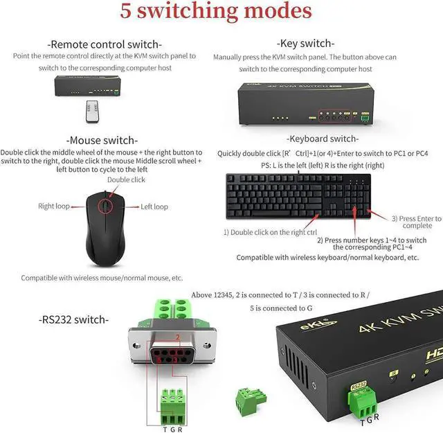 Alt view image 5 of 7 - HDMI KVM Switch 4 in 2 Out Dual Monitor Extended Display 4K @60Hz 4:4:4 with Audio and USB 2.0 Hub Sharing PC Monitor Keyboard Mouse Switcher