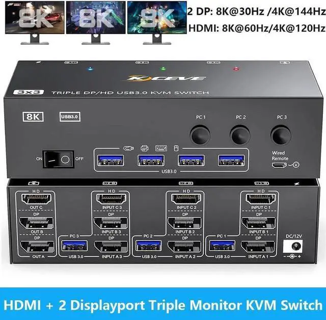 Main image of KVM Switch 3 Monitors 3 Computers 8K@60Hz, HDMI + 2* Displayport Triple Monitor KVM Switch with 4 USB 3.0 Ports for Keyboard Mouse Printer, Wired Remote, USB Cable and Power Adapter Included