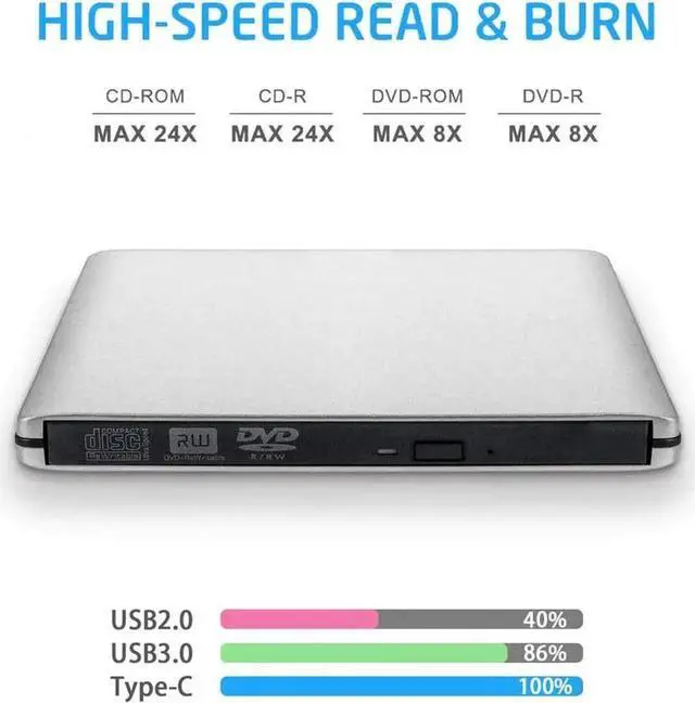 Alt view image 5 of 7 - External DVD CD Drive, Aluminum USB 3.0 Lightscribe DVD Burner Type-C Portable DVD CD +/-RW Rewriter Reader Slim Optical Drive Compatible with Macbook Laptop Desktop (Silver)