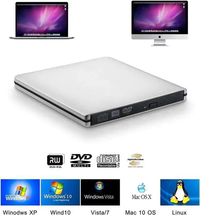 Alt view image 2 of 7 - External DVD CD Drive, Aluminum USB 3.0 Lightscribe DVD Burner Type-C Portable DVD CD +/-RW Rewriter Reader Slim Optical Drive Compatible with Macbook Laptop Desktop (Silver)