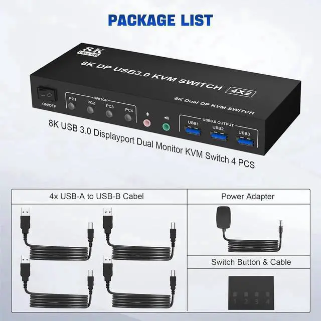 Alt view image 2 of 6 - 4 Port 8K Displayport USB 3.0 KVM Switch 2 Monitors for 4 Computers 2 Monitors, DP1.4 Display Port KVM Switch with Audio Microphone Output and 3 USB 3.0 Port, 8K DP Monitor Switch for 4 PCs 2 Monitors