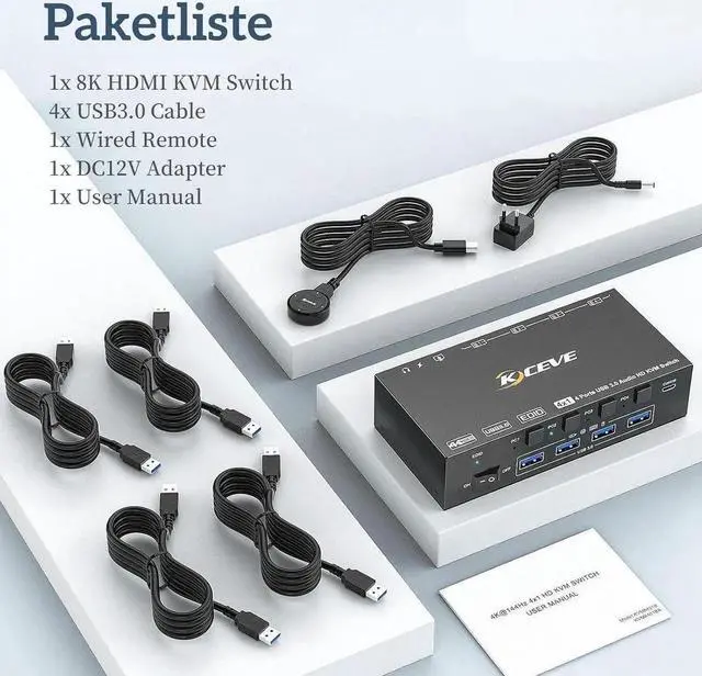 Main image of AUTYUE 8K@60Hz KVM Switch HDMI 4 Port, 4 PC 1 Monitor HDMI KVM Switch 4 in 1 Out, EDID Simulation, For 4 Computers Share 1 Monitor and 4 USB 3.0 Port, with Wired Remote, Power Adapter & USB 3.0 Cable