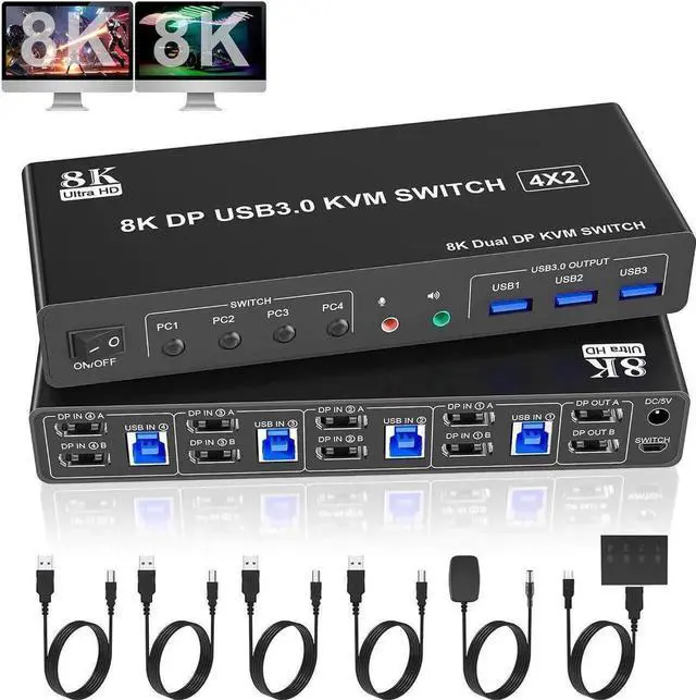 Main image of 8K@60Hz Displayport USB 3.0 KVM Switch for 4 Computer 2 Monitors, Dual Monitor DP1.4 KVM Switch 4 Port with Audio Microphone Output and 3 USB 3.0 Ports, 8K DP Monitor Switch for 4PC 2 Monitor