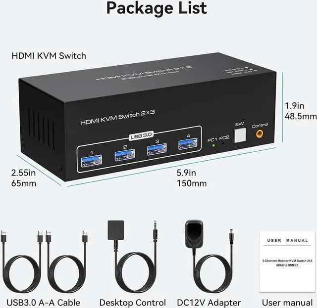 Main image of 4K144Hz Triple Monitor HDMI KVM Switch 3 Monitors 2 Computers 8K60Hz 2 PC 3 Monitors KVM Switches With 4 Ports USB 3.0 to Connect Keyboard Mouse and Printer Includes 2 USB 3.0 Cables and DC12V Adapter