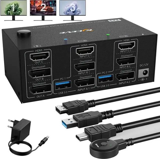 Main image of USB 3.0 HDMI + 2 DisplayPort KVM Switch 3 Monitors 2 Computers, 8K@60Hz KVM Switch 4K@144Hz, KVM Switch Displayport 1.4 + HDMI 2.1 for 2 PC Share Mouse, Keyboard and 3 Monitors, with Wired Remote