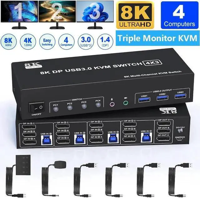 Main image of AUTYUE 8K@60Hz USB 3.0 DisplayPort KVM Switch 3 Monitors 4 Computers 4K@144Hz, Triple Monitor DP1.4 KVM Switch for 4 Computer with Audio and 3 USB 3.0 Ports, KVM Triple Monitor Keyboard Mouse Switcher