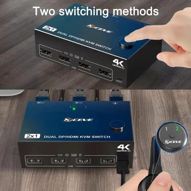 Alt view image 4 of 6 - Dual Monitor HDMI + Displayport KVM Switch 4K @60Hz 2K @120Hz, HDMI DP Extended Display Switcher for 2 Computers Share 2 Monitors and 4 USB 2.0 Ports, Wired Remote and 4 Cables Included