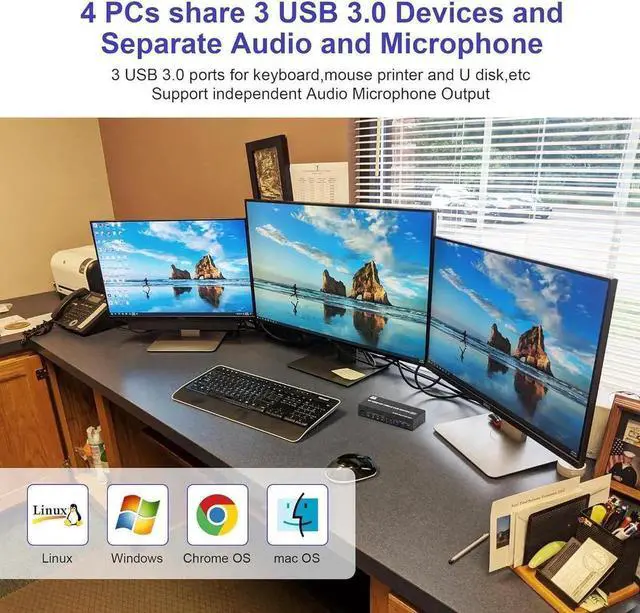 Alt view image 5 of 7 - 8K@60Hz KVM Switch 3 Monitors 4 Computers 4K@144Hz, 2 DisplayPort +1 HDMI KVM Switch Triple Monitor for 4 Computer with Audio and 3 USB 3.0 Ports, 3 Monitor KVM Switches Keyboard Mouse Switcher