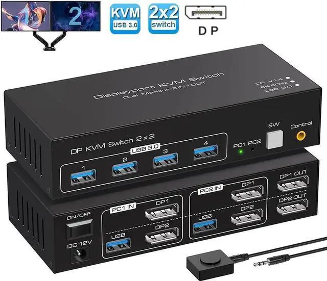 Main image of 2 Port Dual Monitor Displayport KVM Switch for 2 Computers 2 Monitors Share Keyboard Mouse Printer, Displayport1.4 USB3.0 KVM Switch Support 4K @120Hz 8K @60Hz with 4x USB 3.0 Support Desktop Control