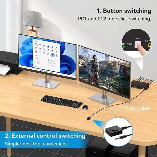 Alt view image 4 of 7 - 2 Port Dual Monitor Displayport KVM Switch for 2 Computers 2 Monitors Share Keyboard Mouse Printer, Displayport1.4 USB3.0 KVM Switch Support 4K @120Hz 8K @60Hz with 4x USB 3.0 Support Desktop Control