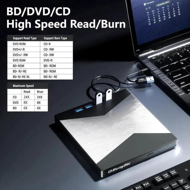 Alt view image 5 of 7 - 7-in-1 External Blu Ray Drive, 4K Portable Blu Ray Burner USB 3.0 Type-C BD Player with SD/TF Port, CD/DVD Burner R/W 3D BluRay Drive, External 4K Blu Ray Drive Compatible with Windows MacOS Laptop PC