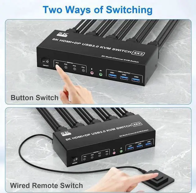 Main image of KVM Switch 3 Monitors 4 Computers 8K@60Hz, 2 HDMI +1 Displayport Triple Monitor KVM Switch for 4 PCs Share 3 Monitor and 3 USB 3.0 Ports, with Audio Microphone Output Support Extended and Copy Mode
