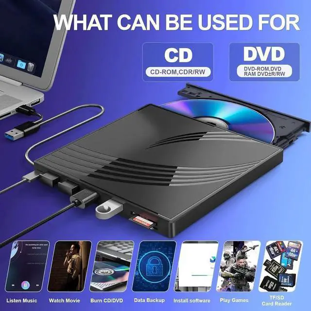 Alt view image 2 of 7 - [8 in 1] External CD/DVD Drive for Laptop, USB 3.0 Ultra Slim External CD/DVD Player with 4 USB-A Ports, 1 Type-C Port, 2 TF/SD Card Slots, External CD/DVD Burner Compatible with macOS/Windows/Linux