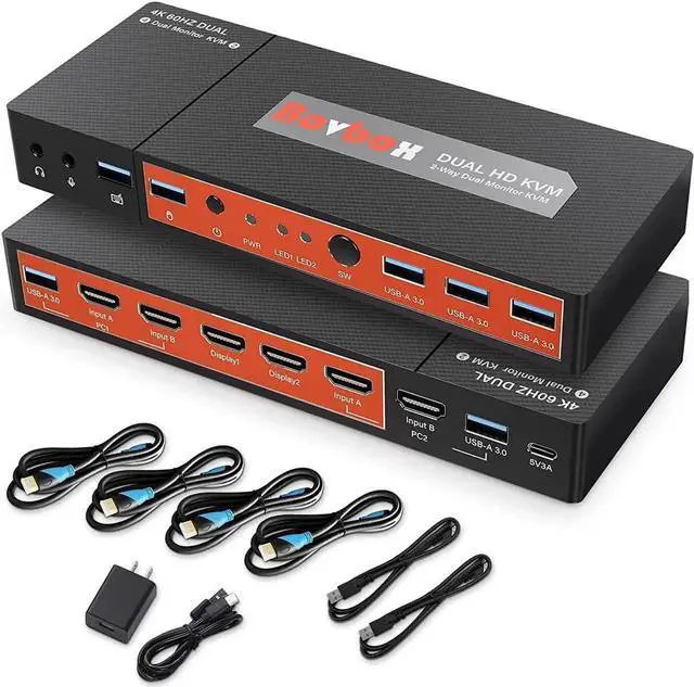 Main image of Dual Monitor HDMI KVM Switch 2 Port Extended Display, 4K @60Hz 4:4:4 KVM Switch 2 Monitors 2 Computers with 3x USB 3.0 Hub, Audio, Hotkey & Button Switching with 4 HDMI 2 USB Cables & Power Adapter