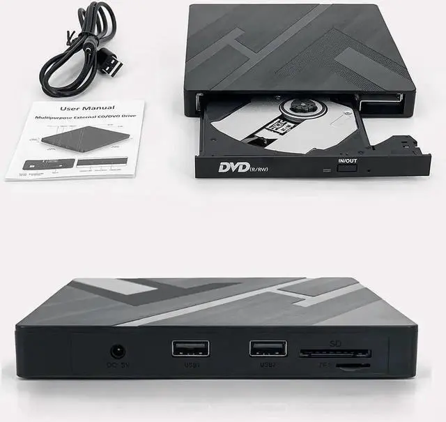 Main image of [5 in 1] External CD DVD Drive, USB 3.0 Type C CD/DVD ROM Burner CD DVD +/-RW Optical Disk Drive Reader with 2 USB and TF/SD Slots Slim Portable Writer Player for Windows 11/10/8/7 Linux MacOS (Black)