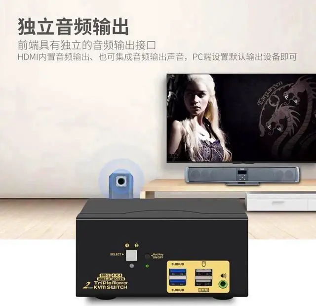 Alt view image 3 of 7 - 2 Port Triple Monitor HDMI KVM Switch, HDMI USB 3.0 KVM Switch with Audio Output, All Input Cables, 2 USB 3.0 Hub for 2 Computers Sharing 3 Monitors Supports Emulation EDID, Hotkey Switching