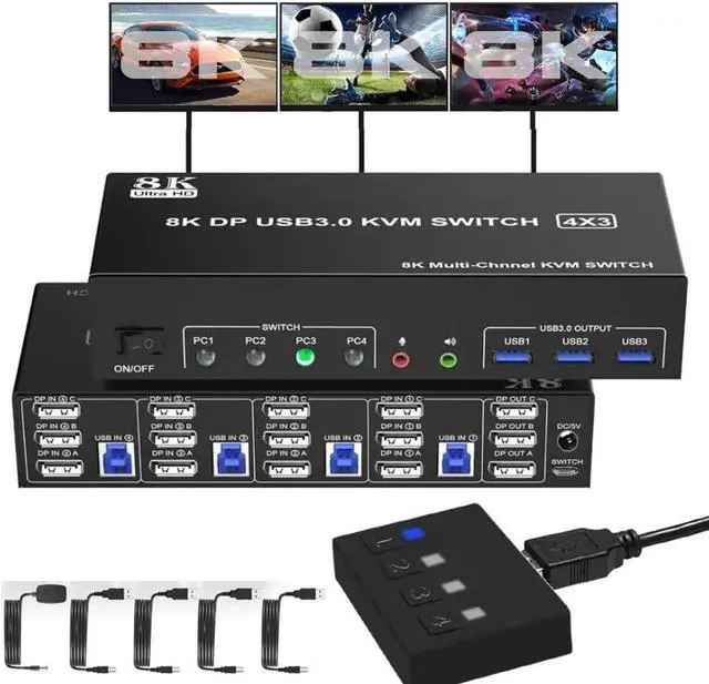 Main image of 4 Port 8K Displayport USB 3.0 KVM Switch 3 Monitors 4 Computers, DP1.4 Triple Monitor KVM Switch with Audio Microphone Output and 3 USB3.0 Ports, Displayport KVM Triple Monitor Keyboard Mouse Switcher