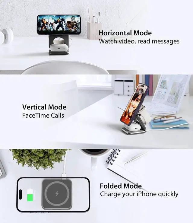 Alt view image 3 of 7 - Foldable Magnetic Wireless Charger, Aluminum Alloy 3 in 1 Charging Station for Apple, 15W Fast Mag-Safe Charger Stand for iPhone 15 14 13 12 Pro/Max/Plus, for AirPods 3/2/Pro,5W for iWatch-Gray