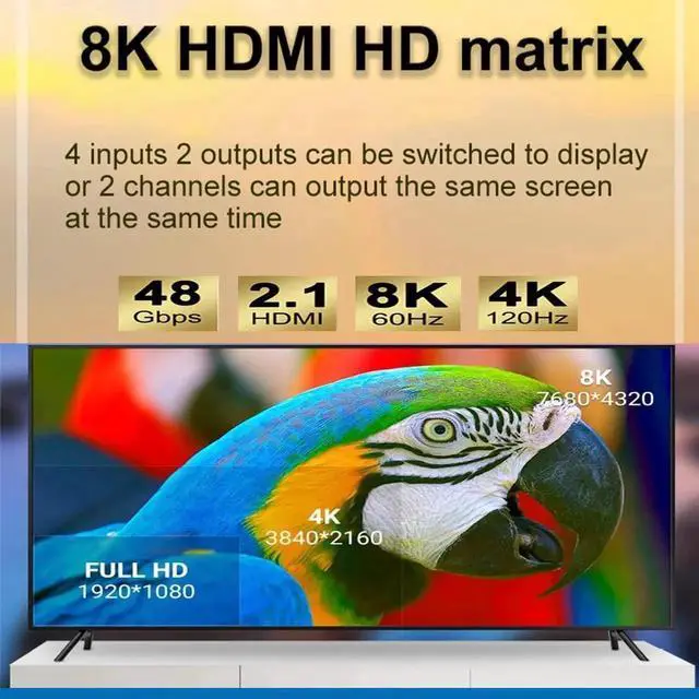 Alt view image 6 of 7 - 8K @60Hz HDR UHD HDMI Matrix Switcher 4x2, Dolby Version 48Gbps CEC ARC 8K 7680x4320P HDMI Splitter Switch 4 in 2 Out, 4K @120Hz VRR HDMI Matrix Support PS5 Xbox